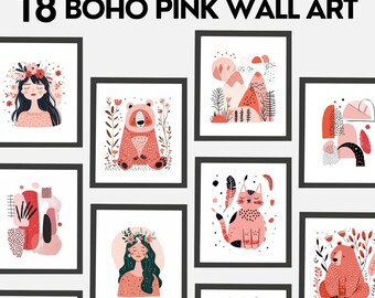 May include: Set of 18 printable boho wall art prints featuring pink, red, and black illustrations of mountains, bears, women, cats, and abstract shapes.  The prints are perfect for adding a touch of bohemian style to any room.