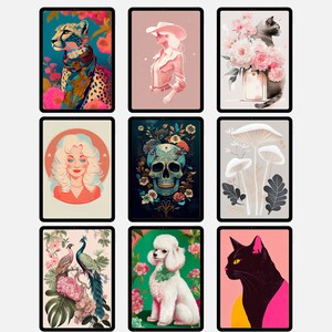 May include: Nine digital illustrations displayed on a grid of nine squares. The illustrations include a cheetah, a woman with a cowboy hat, a cat, a woman with blonde hair, a skull with flowers, mushrooms, a peacock, a poodle, and a black cat.