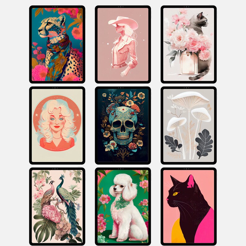 May include: Nine digital illustrations displayed on a grid of nine squares. The illustrations include a cheetah, a woman with a cowboy hat, a cat, a woman with blonde hair, a skull with flowers, mushrooms, a peacock, a poodle, and a black cat.