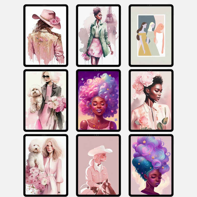 May include: A collage of nine digital illustrations featuring women with various hairstyles and outfits. The illustrations are set against a pink background and feature elements like flowers, dogs, and stars.