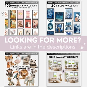 May include: A collage of four images showcasing digital art prints for sale. The top left image features 100 nursery wall art prints in various sizes. The top right image features 30+ blue wall art prints. The bottom left image features 21 safari animal clipart images. The bottom right image features 30 boho wall art mockups.