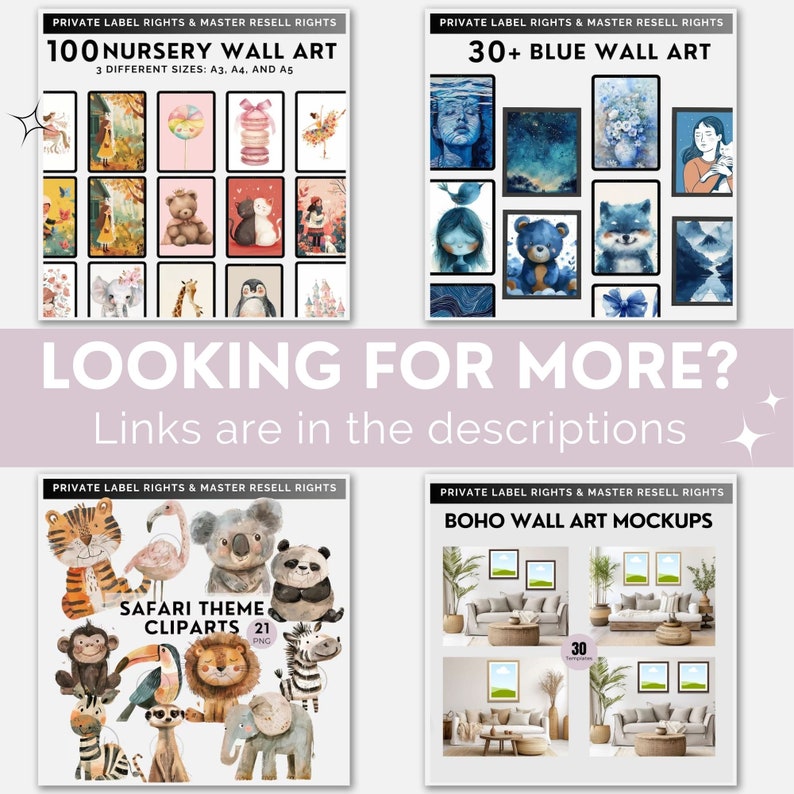 May include: A collage of four images showcasing digital art prints for sale. The top left image features 100 nursery wall art prints in various sizes. The top right image features 30+ blue wall art prints. The bottom left image features 21 safari animal clipart images. The bottom right image features 30 boho wall art mockups.