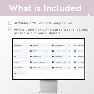 May include: A computer screen displaying a list of 31 printable wall art designs. The designs are organized into folders with names like "astronaut", "hinoiserie", and "pink cowgirl". The text "31 Printable Wall Art with Google Drive" and "Private Label Rights. This can be used for personal use and sold to your customers." is visible on the screen.