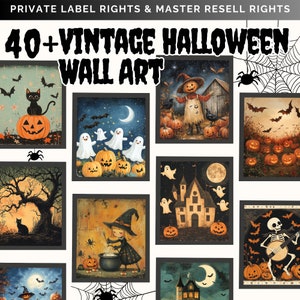May include: A collection of 12 vintage Halloween wall art prints featuring various spooky and whimsical scenes. The prints are framed in black and feature images of ghosts, pumpkins, bats, a scarecrow, a skeleton playing a guitar, and a witch stirring a cauldron.