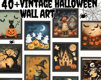 Vintage Halloween Wall Art Prints: 40+ Spooky Collage Art (PLR MRR Digital Product)