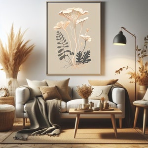 May include: A beige and brown framed print of a botanical illustration featuring a cluster of white mushrooms with delicate stems and leaves in shades of gray and green.
