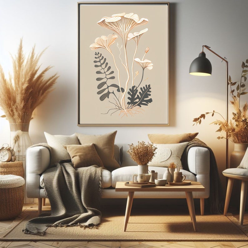 May include: A beige and brown framed print of a botanical illustration featuring a cluster of white mushrooms with delicate stems and leaves in shades of gray and green.