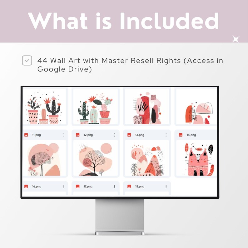 May include: A computer screen displaying a collection of 44 digital wall art prints. The prints feature a variety of designs, including abstract shapes, cacti, and animals. The text "44 Wall Art with Master Resell Rights (Access in Google Drive)" is displayed at the top of the screen.
