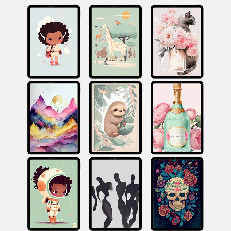 May include: Nine digital illustrations displayed on a white background. The illustrations include a girl with brown hair and a red and white outfit, a giraffe and a tree, a bouquet of pink flowers and a cat, a watercolor landscape with pink and purple mountains, a sloth in a green leafy tree, a bottle of champagne with a gold label, a silhouette of four people, a skull with a floral design, and an astronaut with a helmet and a blue and white suit.