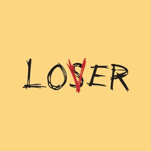 May include: The word "LOVER" is written in black marker on a yellow background. The "V" is crossed out with a red line.
