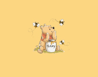 May include: A cartoon illustration featuring Winnie the Pooh with a honey pot, and three bees. The honey pot is labelled "Hunny". The bear wears a red shirt, set against a yellow background.