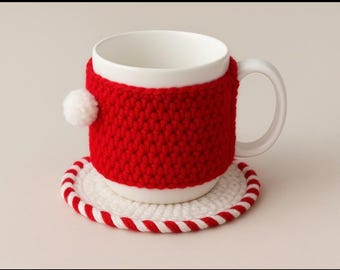 Funda para taza navideña de crochet con dos posavasos, hecha a mano, regalo navideño de menta para amantes del café.