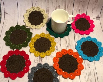 Posavasos de ganchillo con girasoles | Decoración floral para mesa | Decoración otoñal para el hogar | Decoración de cocina estilo cottagecore | Posavasos de flores hecho a mano | Idea de regalo para el Reino Unido