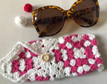 Estuche para gafas de sol - Estuche para gafas de sol con forma de cuadrado de abuelita - Estuche de crochet para gafas - Regalo floral retro hecho a mano - Accesorios de verano
