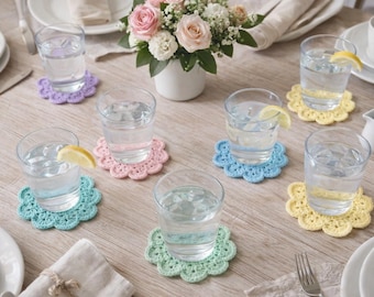 Juego de posavasos de flores de crochet en tonos pastel: posavasos de té estilo cottagecore, decoración de mesa de té inglesa, decoración rústica minimalista para el hogar, posavasos florales hechos a mano.