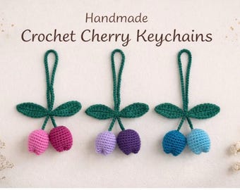 Llavero de cereza de ganchillo | Amuleto de bolso de cereza amigurumi | Llavero de fruta hecho a mano | Lindo accesorio de ganchillo: decoración de mesa o dormitorio.