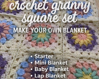 Kit para manta de ganchillo con cuadrados de la abuela – Set para hacer tu propia manta | Cuadrados de la abuela hechos a mano | Elige el tamaño (Mini, Bebé, Regazo, Matrimonial)