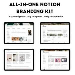 Könnte beinhalten: Ein Screenshot eines Notion-Arbeitsbereichs mit vier verschiedenen Seiten. Die Seiten sind mit "Freelance Hub", "Meine Ziele", "Marken-Essentials" und "Preise & Dienstleistungen" betitelt. Jede Seite hat ein anderes Layout und einen anderen Inhalt, aber alle sind darauf ausgelegt, Benutzern bei der Verwaltung ihres freiberuflichen Geschäfts zu helfen.