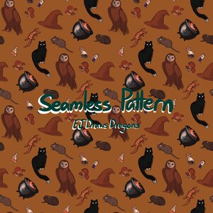 May include: A seamless pattern featuring a variety of Halloween-themed illustrations, including owls, cats, cauldrons, witches' hats, and potion bottles. The background is a warm brown color.