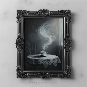 Haunted Teacup Gothic Tea Lover Art Print, Victorian Farmhouse Dark Academia Coffee Shop Decor, Vintage Oil Painting, Moody Kitchen Wall Art