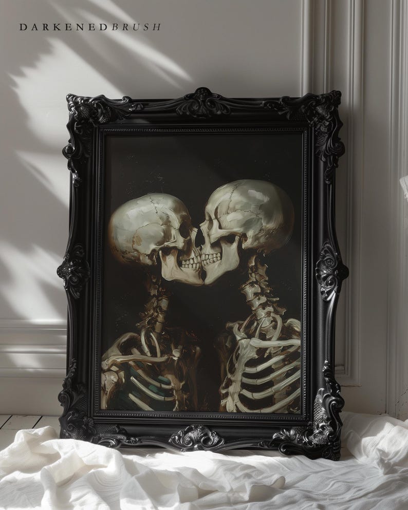 Arte imprimible para amantes de los esqueletos góticos, arte de pared de calavera romántica de estilo cottagecore oscuro, póster de amor gótico imprimible de Dark Academia, decoración artística de Halloween imagen 3