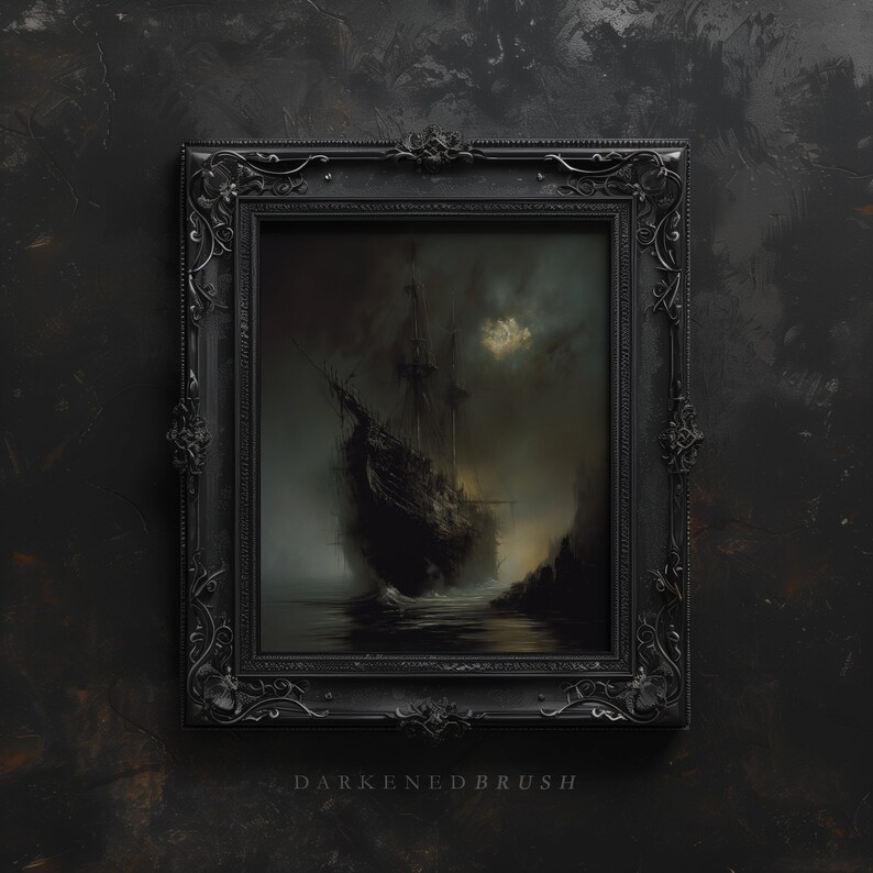 May include: A black framed painting of a ship sailing through a foggy sea at night. The ship is silhouetted against a full moon and a dark sky. The painting is titled "Darkened Brush".