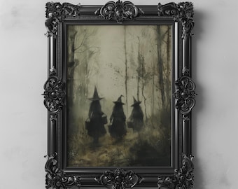 Woodland Witches Dark Forest Art Gothic Halloween Wandkunst, Dark Academia Cottagecore Printable Witchy Wohnkultur Gruselig Digital Download