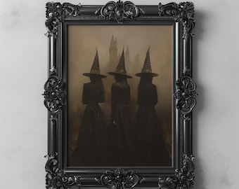 May include: A framed artwork featuring three silhouetted figures in witch hats and long dresses, set against a hazy backdrop of a castle. The black frame has ornate detailing, and the text "DARKENEBRUSH" is at the bottom.