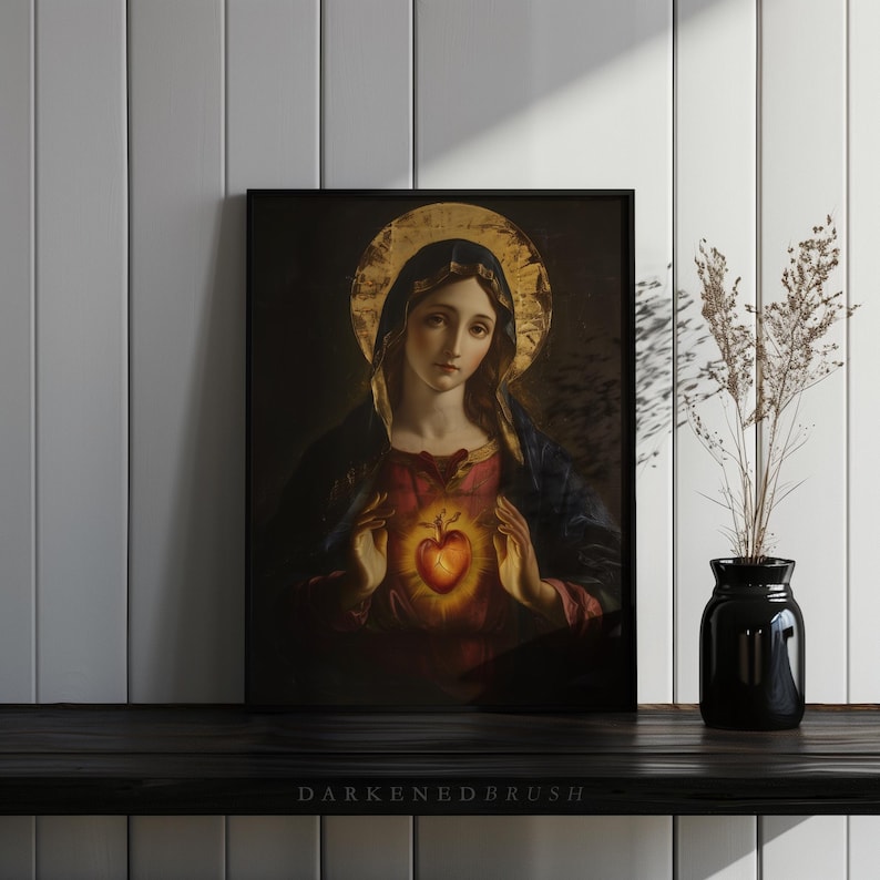 Heart of the Virgin Mary Painting, Catholic Wall Art Immaculate Heart of Mary, Traditional Christian Digital Art Mother Mary Religious Decor image 6