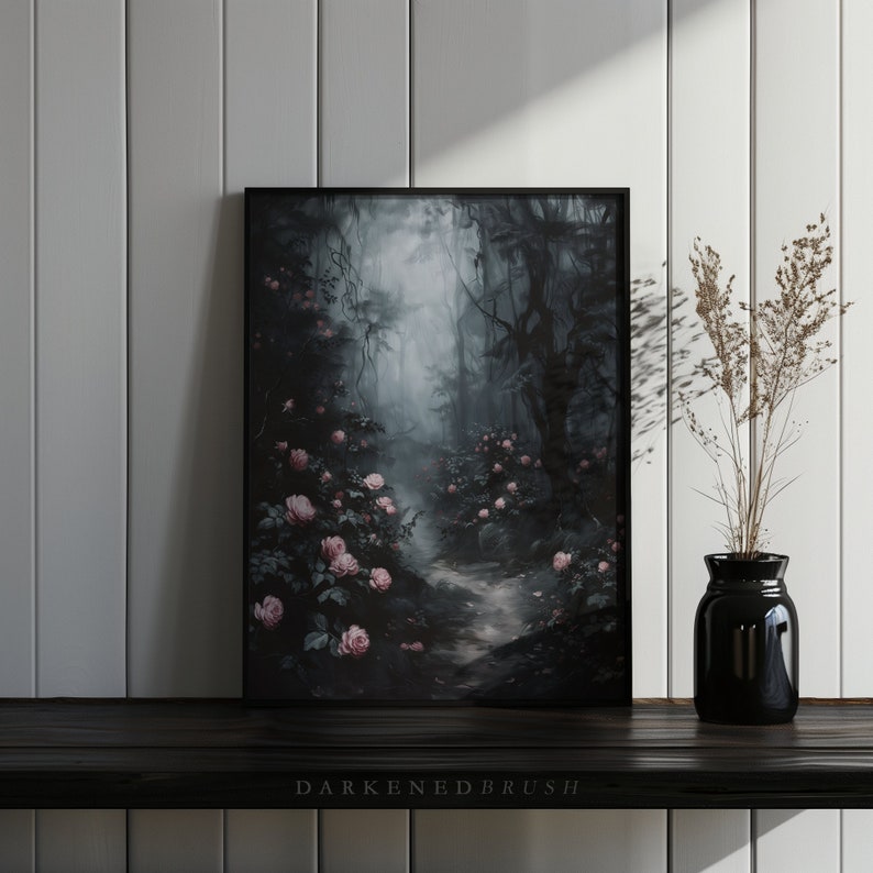 May include: A framed painting of a dark, misty forest path lined with pink roses. The path leads into the distance, disappearing into the fog. The painting has a dark and moody atmosphere.