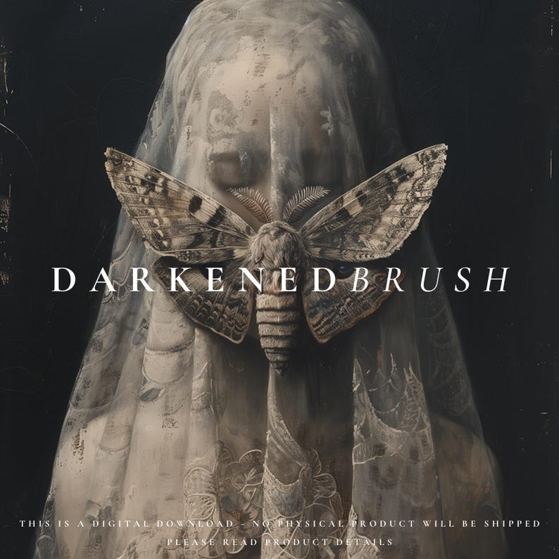 May include: A digital art print featuring a woman's face partially obscured by a moth with the text "DARKENEDBRUSH" superimposed on the image.