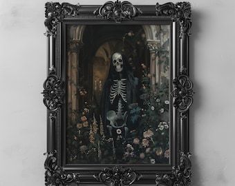 Gothic Skeleton in Dark Botanical Garden, Dark Academia Dark Cottagecore Decor, Witchy Wall Decor, Moody Floral Printable Skeleton Wall Art