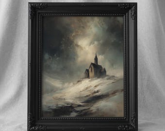 Small Chapel On Snowy Hill, Gothic Rustic Church Landscape Wall Art, Dark Farmhouse Winter Decor Printable 549