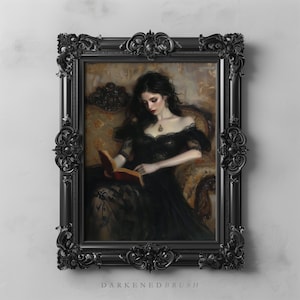 Viktorianische Lady Leseraum Art Printable, Gothic Dark Academia, Vintage viktorianisches Dekor, Dark Romance Malerei, elegante viktorianische Wandkunst