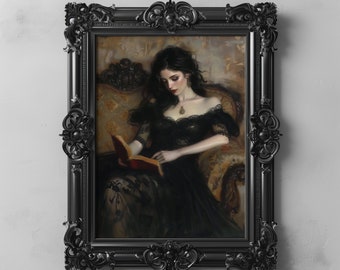 Viktorianische Lady Leseraum Art Printable, Gothic Dark Academia, Vintage viktorianisches Dekor, Dark Romance Malerei, elegante viktorianische Wandkunst