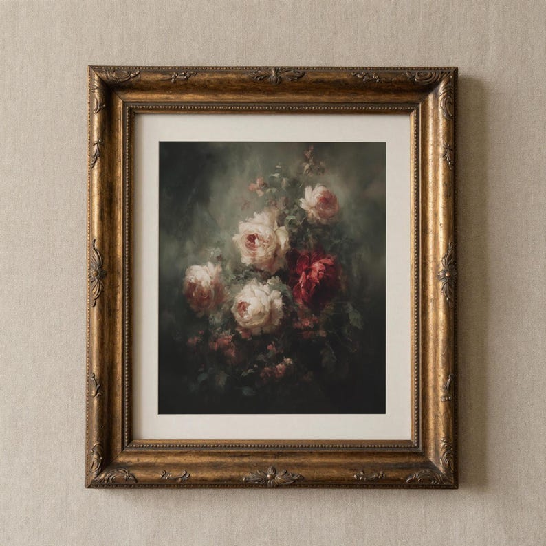 Rose Floral Wall Art, Moody Botanical Painting, Dark Academia Decor, Gothic Physical Archival Print 863