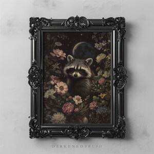 May include: A black framed print of a raccoon surrounded by flowers and a crescent moon. The raccoon is looking directly at the viewer. The background is dark and the flowers are in shades of pink, white, and purple.