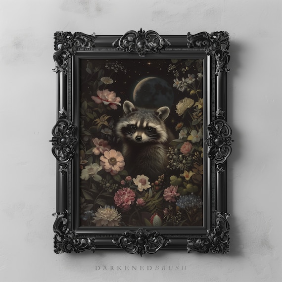 Dark Botanical Cute Raccoon Art Printable Forest Woodland Animal Wall Art Forestcore Dark Academia Cottagecore Decor Dark Floral Printable