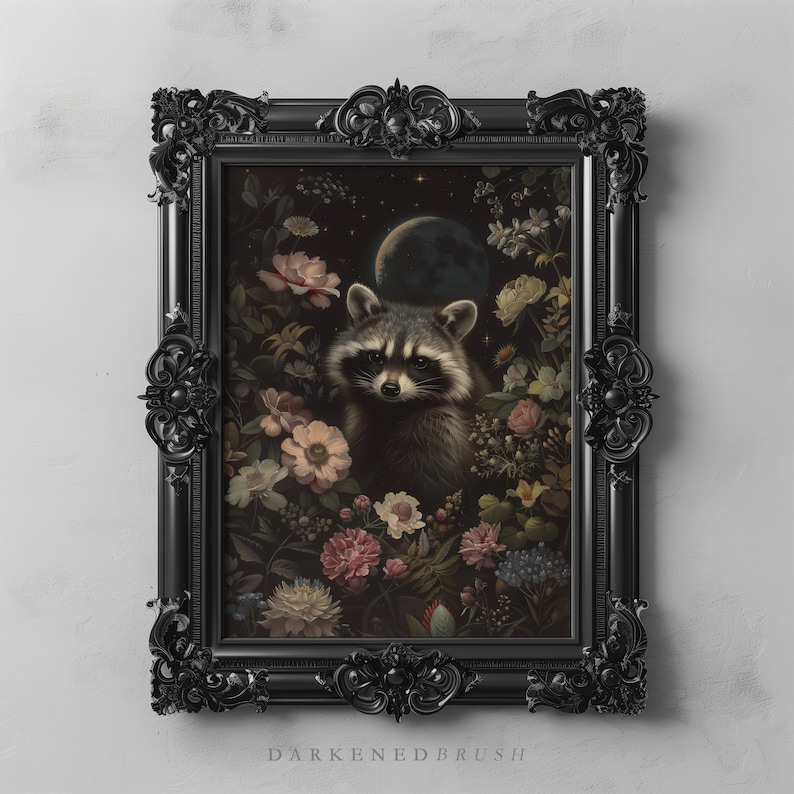 May include: A black framed print of a raccoon surrounded by flowers and a crescent moon. The raccoon is looking directly at the viewer. The background is dark and the flowers are in shades of pink, white, and purple.