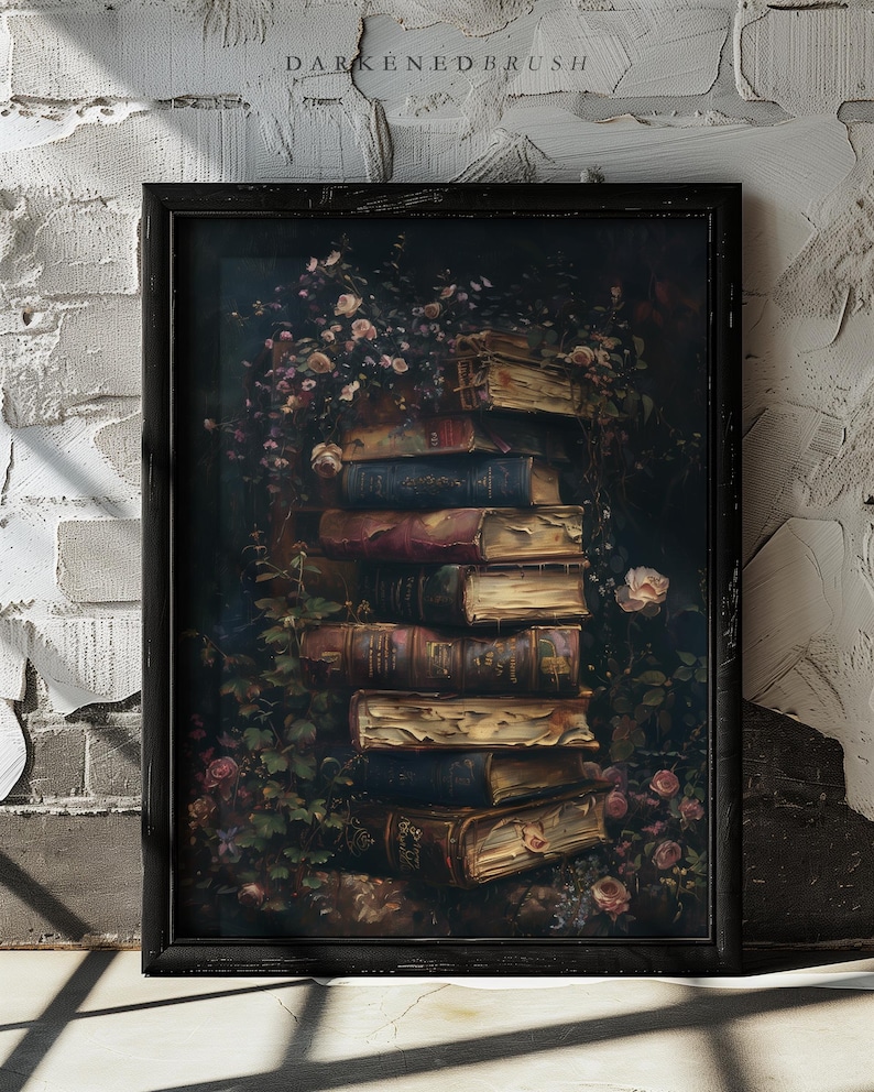 Dark Academia Antique Vintage Books and Roses Wall Art, Vintage Botanical Bookish Decor, Moody Floral Literary Art Victorian Academia Print image 6