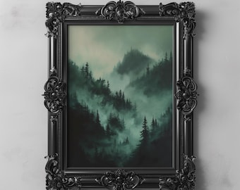 Peut inclure: Tableau encadré d'un paysage forestier brumeux. L'œuvre présente des arbres et des montagnes vert foncé dans le brouillard, dans un cadre noir orné. Le texte "DARKENEBRUSH" est visible en bas.