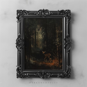 Dark Woodland Fawn Baby Deer Art Printable, Forest Animal Wall Art, Dark Academia Decor, Dark Cottagecore Print, Dark Vintage Oil Painting
