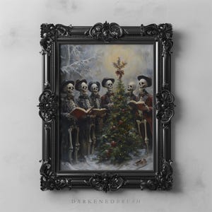 Scheletro spettrale, cantanti di Natale, arte stampabile, decorazioni gotiche, Dark Academia, arte vittoriana per le feste, decorazioni invernali per l'albero di Natale