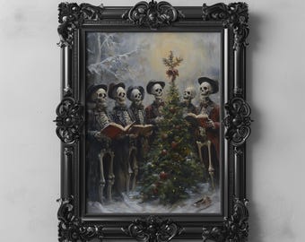 Spooky Skeleton Christmas Carollers Art Printable Gothic Art Decor, Dark Academia Holiday Victorian Art, Festive Christmas Tree Winter Decor