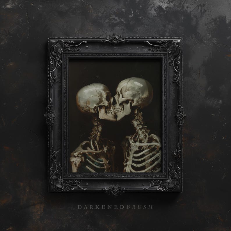 Arte imprimible para amantes de los esqueletos góticos, arte de pared de calavera romántica de estilo cottagecore oscuro, póster de amor gótico imprimible de Dark Academia, decoración artística de Halloween imagen 6