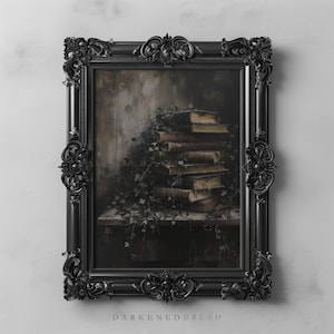 May include: A black ornate frame encasing a dark, atmospheric painting of a stack of old books draped in ivy. The books are piled together, with the top book being the largest. The ivy is growing around the books, and some leaves are falling off. The painting is set against a dark backdrop.