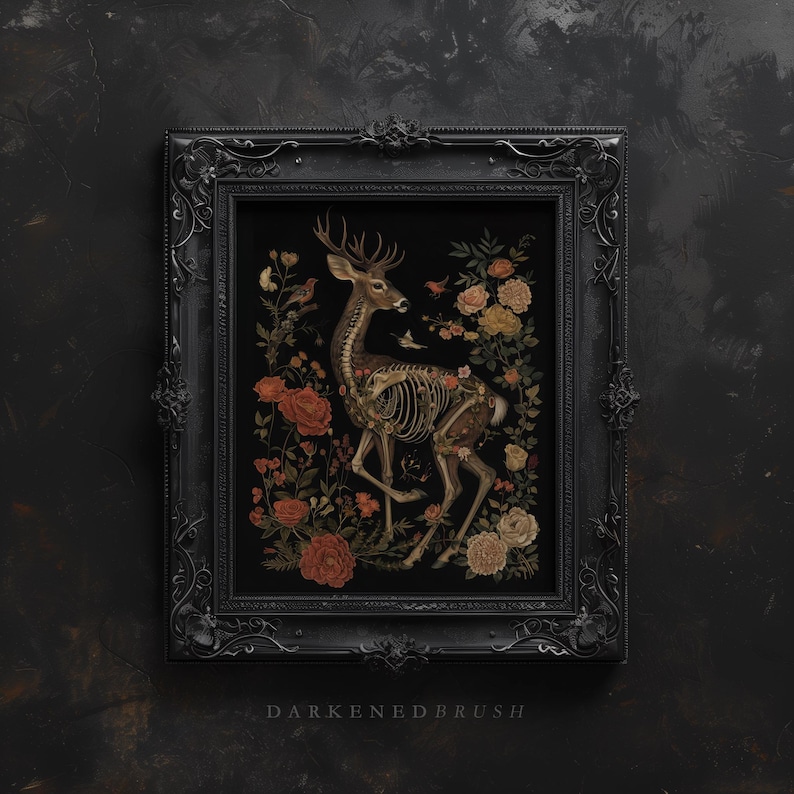 May include: A framed illustration of a deer skeleton with antlers, surrounded by flowers and birds. The background is black, and the frame is black with ornate details. The text "DARKENED BRUSH" is printed below the frame.