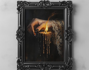 May include: A framed painting depicts a hand with long, black nails lighting a candle. The candle is dripping with wax, and the flame is bright. The frame is black and ornate, with decorative details. The painting has a dark, gothic aesthetic.