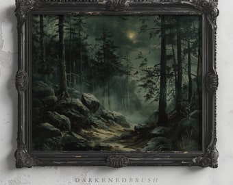 Moonlit Dark Forest Painting, Moody Landscape Wall Art, Dark Cottagecore Gothic Home Decor, Dark Forestcore Nature Woodland Printable