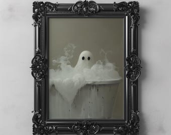 Cute Ghost in Bubble Bath, Bathroom Decor Dark Cottagecore Gothic Art Whimsical Cute Halloween Art Bath Decor, Cute Bathroom Wall Printable